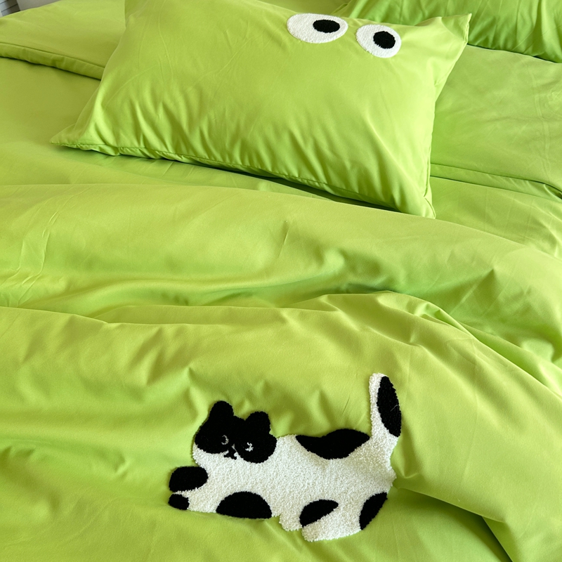 91家纺网 家纺一手货源 找家纺 N先生 2024新款美拉德多巴胺毛巾绣四件套-猫咪系列 猫咪-赛博青柠