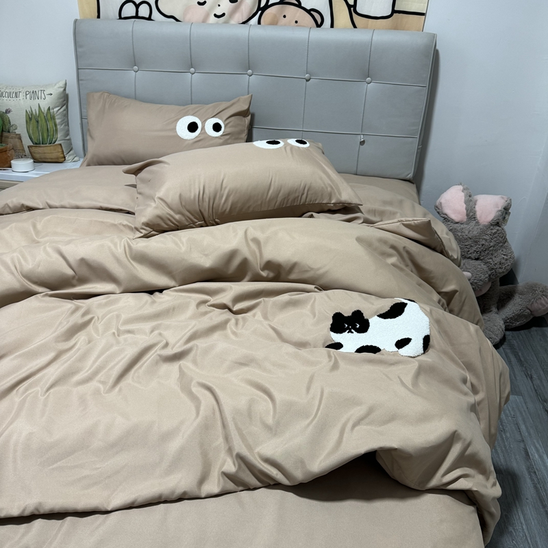 91家纺网 家纺一手货源 找家纺 N先生 2024新款美拉德多巴胺毛巾绣四件套-猫咪系列 猫咪-坚果棕