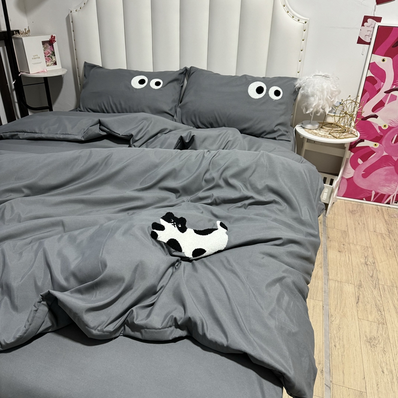 91家纺网 家纺一手货源 找家纺 N先生 2024新款美拉德多巴胺毛巾绣四件套-猫咪系列 猫咪-高级灰