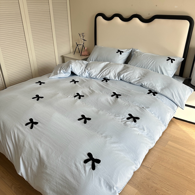 91家纺网 家纺一手货源 找家纺 N先生 2025新款超柔水洗棉毛巾绣四件套极简风系列 蝴蝶结-蓝