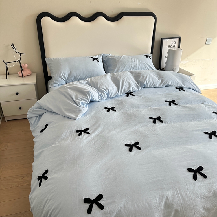 91家纺网 家纺一手货源 找家纺 N先生 2025新款超柔水洗棉毛巾绣四件套极简风系列 蝴蝶结-蓝