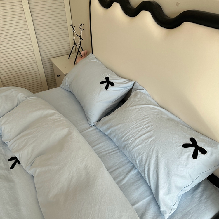 91家纺网 家纺一手货源 找家纺 N先生 2025新款超柔水洗棉毛巾绣四件套极简风系列 蝴蝶结-蓝