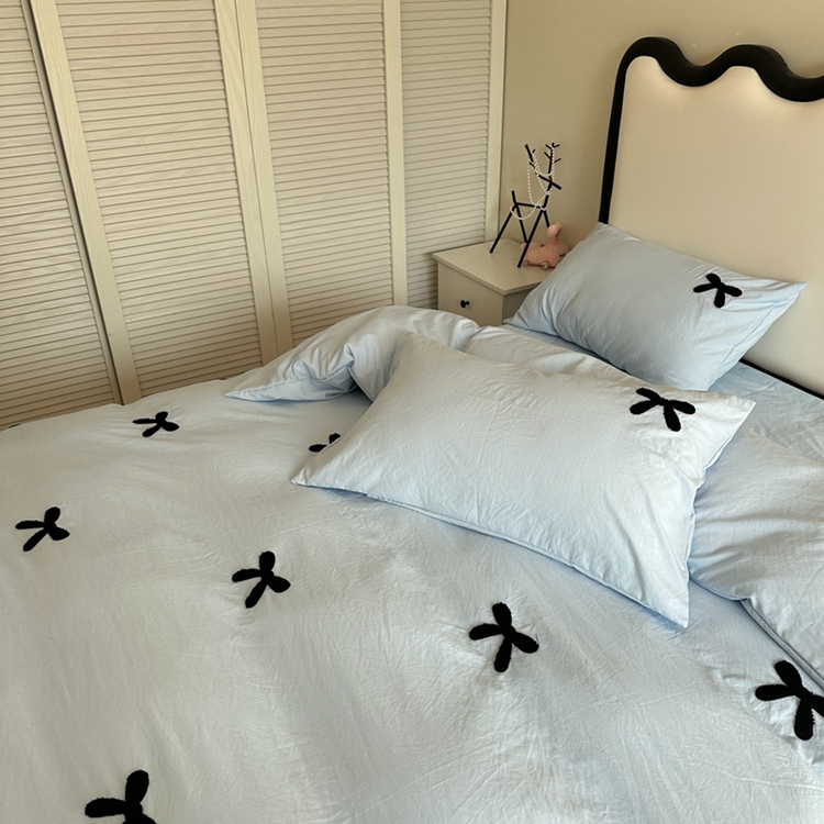 91家纺网 家纺一手货源 找家纺 N先生 2025新款超柔水洗棉毛巾绣四件套极简风系列 蝴蝶结-蓝