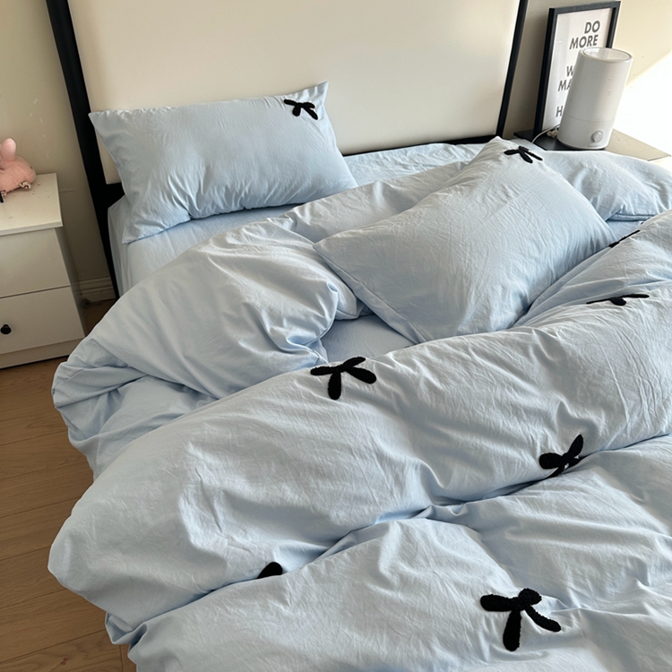 91家纺网 家纺一手货源 找家纺 N先生 2025新款超柔水洗棉毛巾绣四件套极简风系列 蝴蝶结-蓝