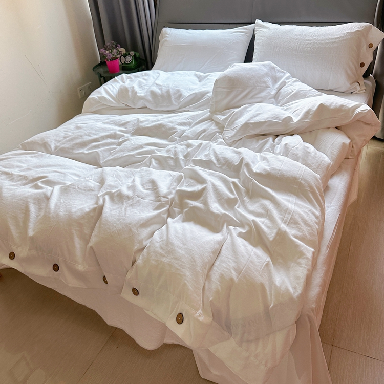 91家纺网 家纺一手货源 找家纺 yyds网供 2024新款纽扣款无印风四件套非全棉纯棉日式水洗棉三件套轻奢INS风（含买家秀） 月光白-无印风纽扣款