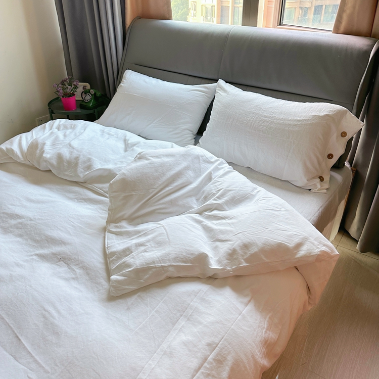 91家纺网 家纺一手货源 找家纺 yyds网供 2024新款纽扣款无印风四件套非全棉纯棉日式水洗棉三件套轻奢INS风（含买家秀） 月光白-无印风纽扣款
