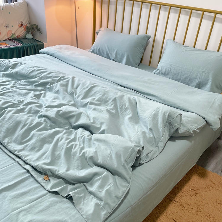 91家纺网 家纺一手货源 找家纺 yyds网供 2024新款纽扣款无印风四件套非全棉纯棉日式水洗棉三件套轻奢INS风（含买家秀） 松石绿-无印风纽扣款