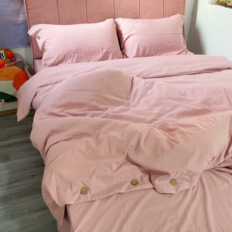 91家纺网 家纺一手货源 找家纺 yyds网供 2024新款纽扣款无印风四件套非全棉纯棉日式水洗棉三件套轻奢INS风（含买家秀） 樱岚粉-无印风纽扣款