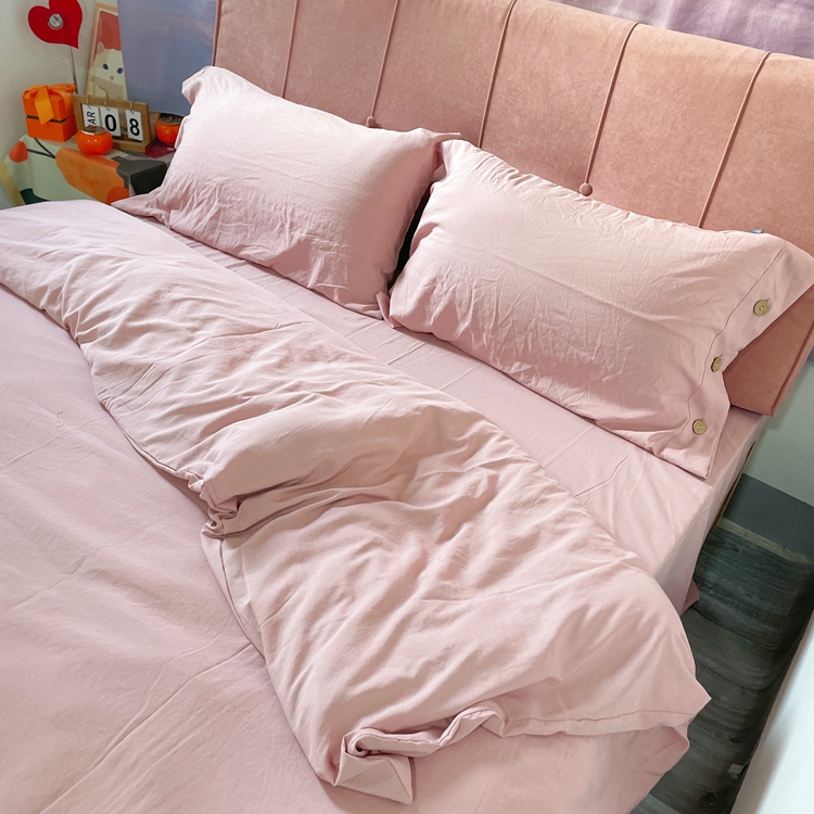 91家纺网 家纺一手货源 找家纺 yyds网供 2024新款纽扣款无印风四件套非全棉纯棉日式水洗棉三件套轻奢INS风（含买家秀） 樱岚粉-无印风纽扣款