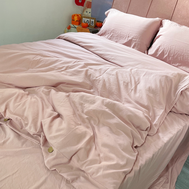 91家纺网 家纺一手货源 找家纺 yyds网供 2024新款纽扣款无印风四件套非全棉纯棉日式水洗棉三件套轻奢INS风（含买家秀） 樱岚粉-无印风纽扣款