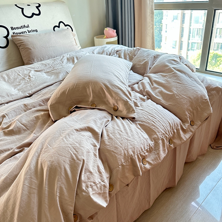 91家纺网 家纺一手货源 找家纺 yyds网供 2024新款纽扣款无印风四件套非全棉纯棉日式水洗棉三件套轻奢INS风（含买家秀） 奶油咖-无印风纽扣款