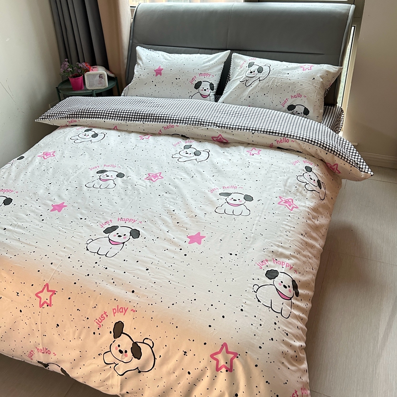 91家纺网 家纺一手货源 找家纺 清雅福 2024新款全棉13372小清新四件套-第三季 布丁狗