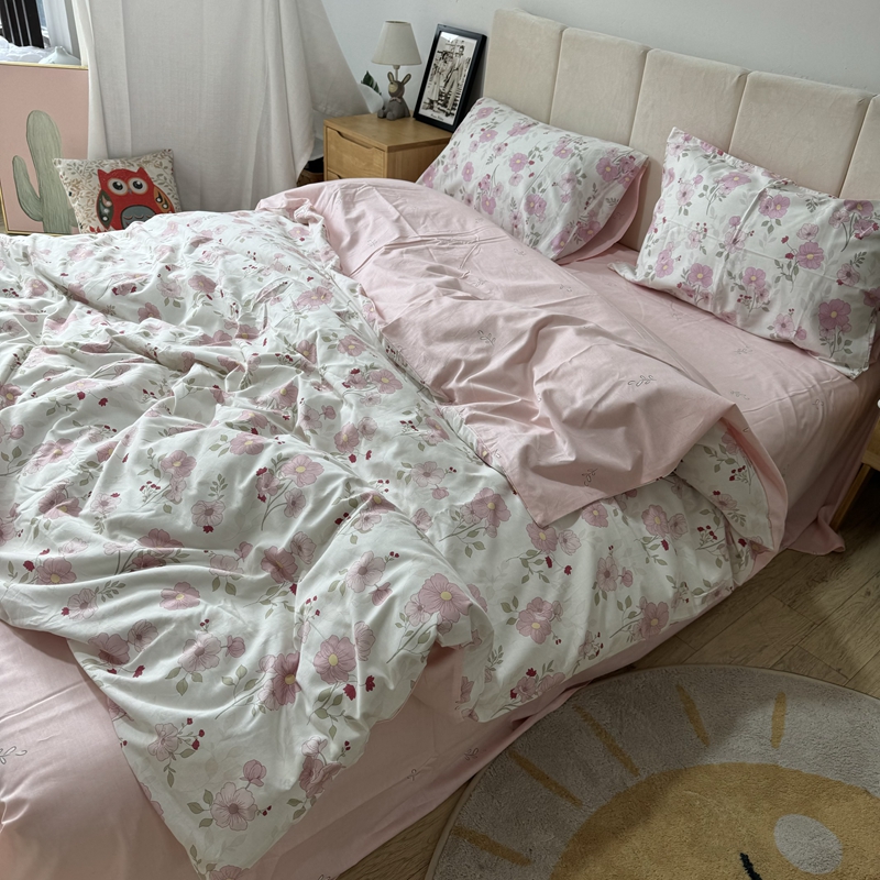 91家纺网 家纺一手货源 找家纺 清雅福 2024新款全棉13372小清新四件套-第三季 花漫蹊粉