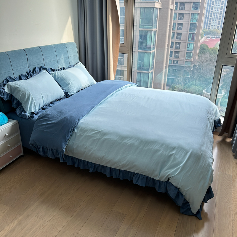 91家纺网 家纺一手货源 找家纺 春光里 2024新款韩版公主风纯色拼接花边款四件套 丽娜-月光雾蓝