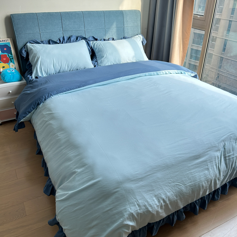 91家纺网 家纺一手货源 找家纺 春光里 2024新款韩版公主风纯色拼接花边款四件套 丽娜-月光雾蓝