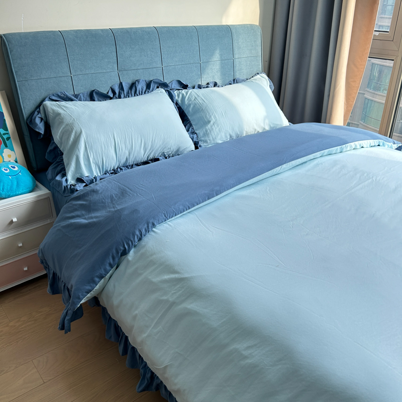 91家纺网 家纺一手货源 找家纺 春光里 2024新款韩版公主风纯色拼接花边款四件套 丽娜-月光雾蓝