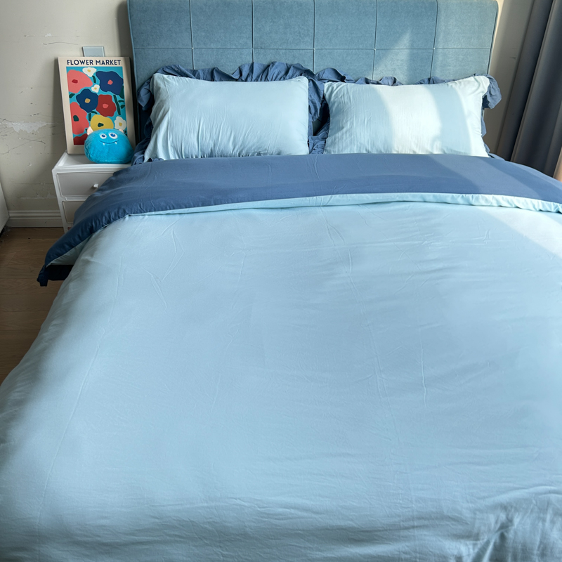 91家纺网 家纺一手货源 找家纺 春光里 2024新款韩版公主风纯色拼接花边款四件套 丽娜-月光雾蓝