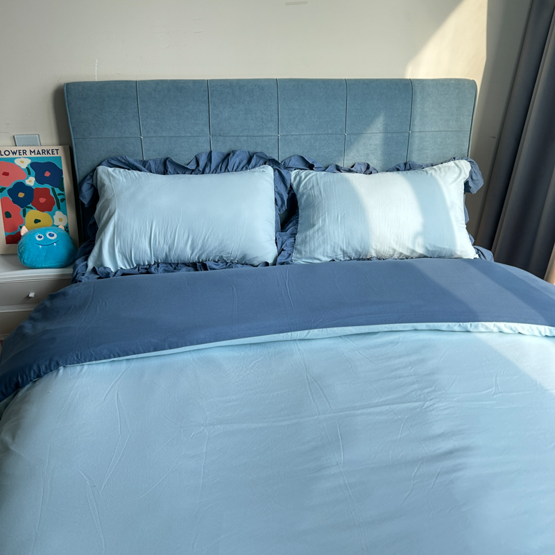 91家纺网 家纺一手货源 找家纺 春光里 2024新款韩版公主风纯色拼接花边款四件套 丽娜-月光雾蓝