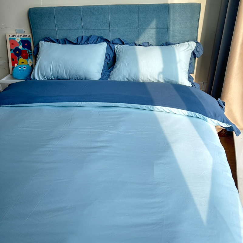 91家纺网 家纺一手货源 找家纺 春光里 2024新款韩版公主风纯色拼接花边款四件套 丽娜-月光雾蓝