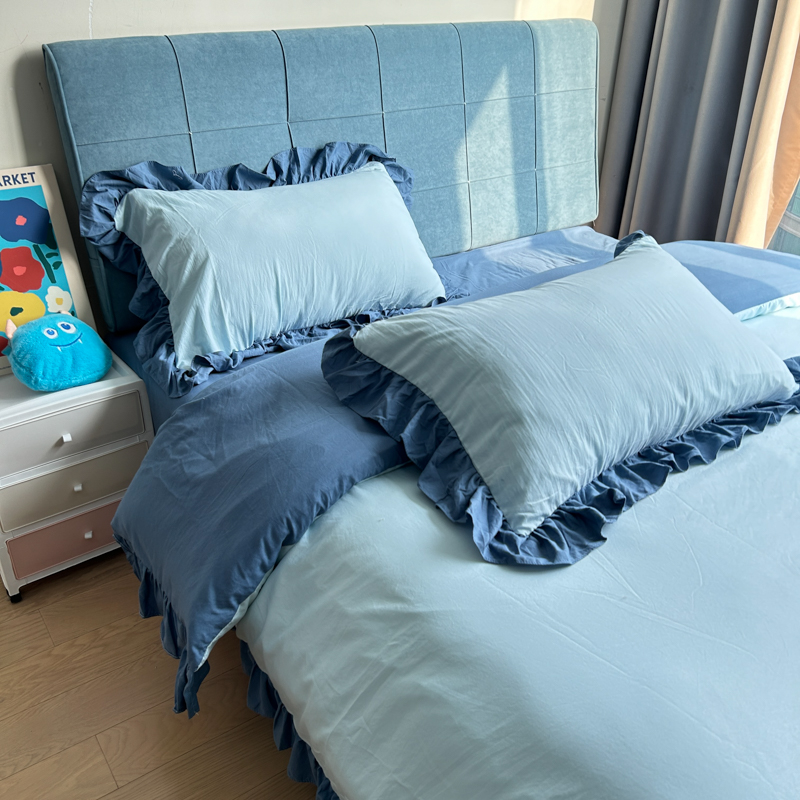 91家纺网 家纺一手货源 找家纺 春光里 2024新款韩版公主风纯色拼接花边款四件套 丽娜-月光雾蓝