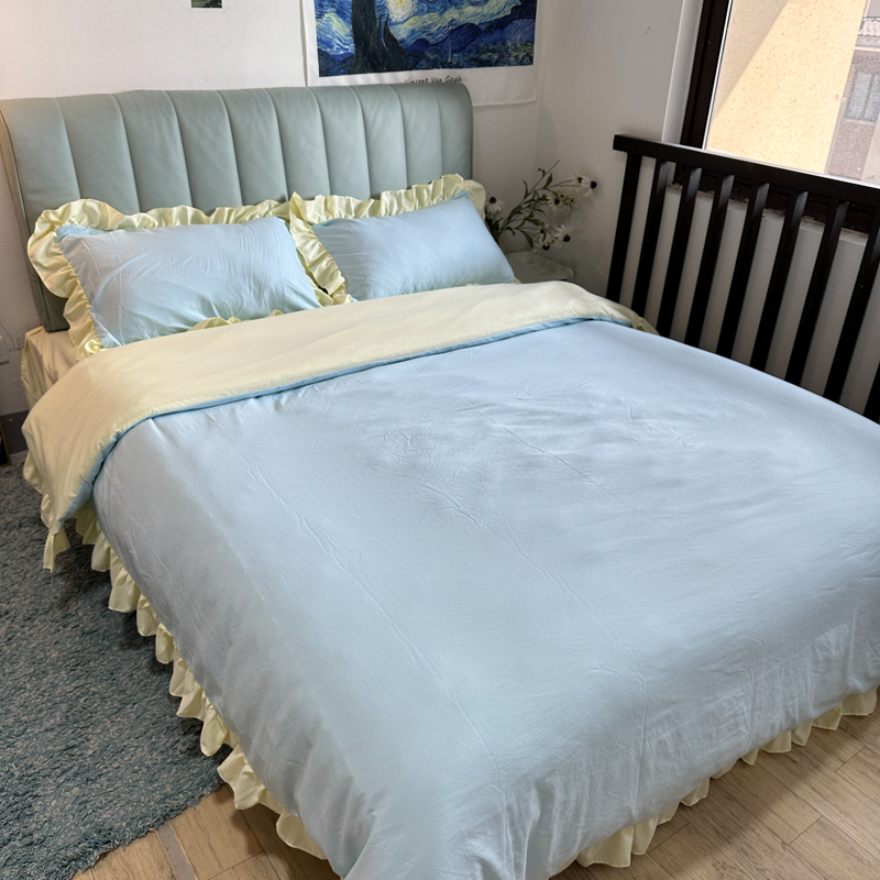 91家纺网 家纺一手货源 找家纺 春光里 2024新款韩版公主风纯色拼接花边款四件套 丽娜-芝士海盐