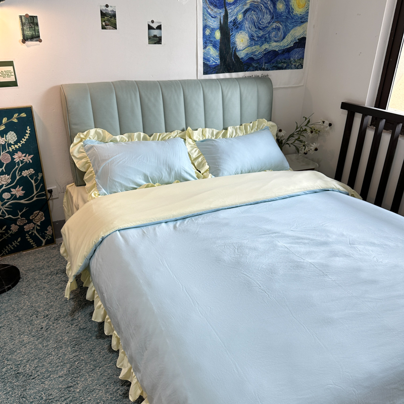 91家纺网 家纺一手货源 找家纺 春光里 2024新款韩版公主风纯色拼接花边款四件套 丽娜-芝士海盐