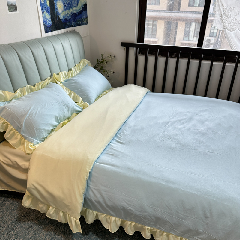 91家纺网 家纺一手货源 找家纺 春光里 2024新款韩版公主风纯色拼接花边款四件套 丽娜-芝士海盐