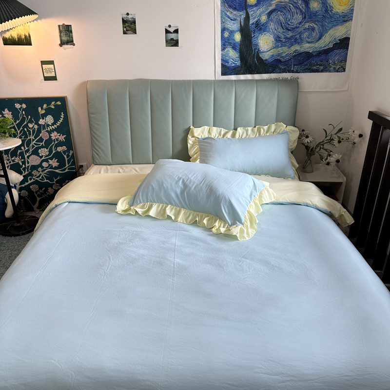 91家纺网 家纺一手货源 找家纺 春光里 2024新款韩版公主风纯色拼接花边款四件套 丽娜-芝士海盐