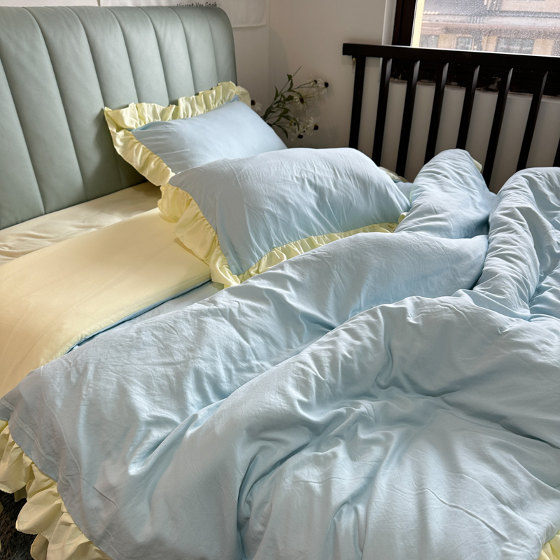 91家纺网 家纺一手货源 找家纺 春光里 2024新款韩版公主风纯色拼接花边款四件套 丽娜-芝士海盐