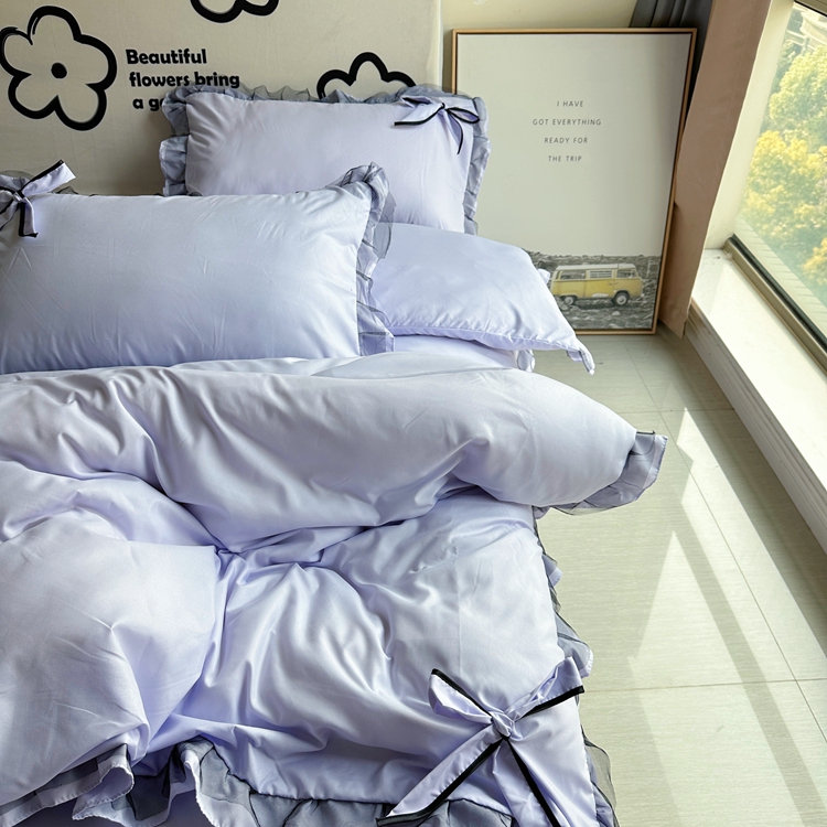 91家纺网 家纺一手货源 找家纺 春光里 2024新款蝴蝶结花边磨毛四件套 蝴蝶花边-浅紫