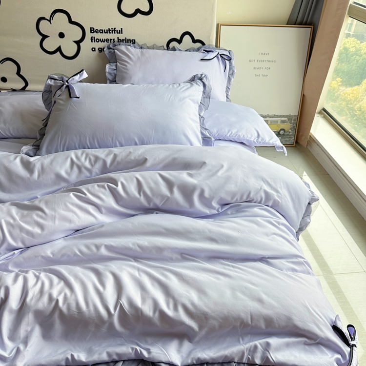 91家纺网 家纺一手货源 找家纺 春光里 2024新款蝴蝶结花边磨毛四件套 蝴蝶花边-浅紫