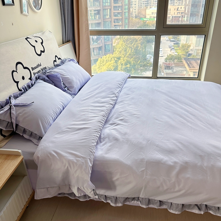 91家纺网 家纺一手货源 找家纺 春光里 2024新款蝴蝶结花边磨毛四件套 蝴蝶花边-浅紫