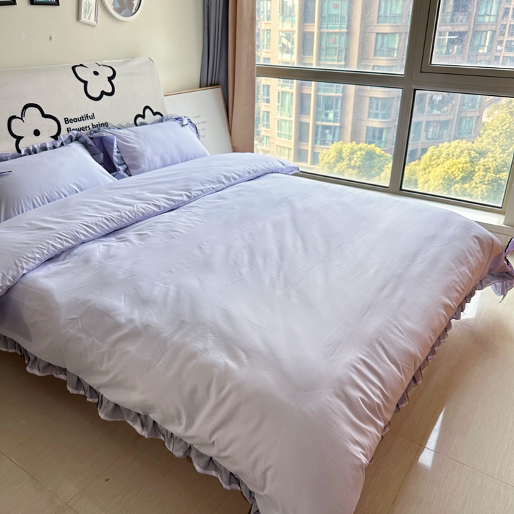 91家纺网 家纺一手货源 找家纺 春光里 2024新款蝴蝶结花边磨毛四件套 蝴蝶花边-浅紫