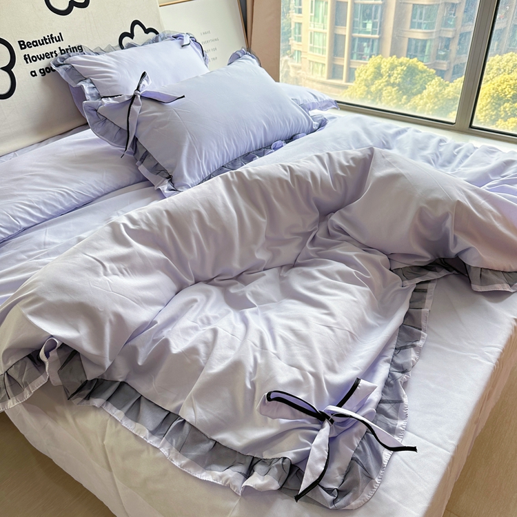 91家纺网 家纺一手货源 找家纺 春光里 2024新款蝴蝶结花边磨毛四件套 蝴蝶花边-浅紫