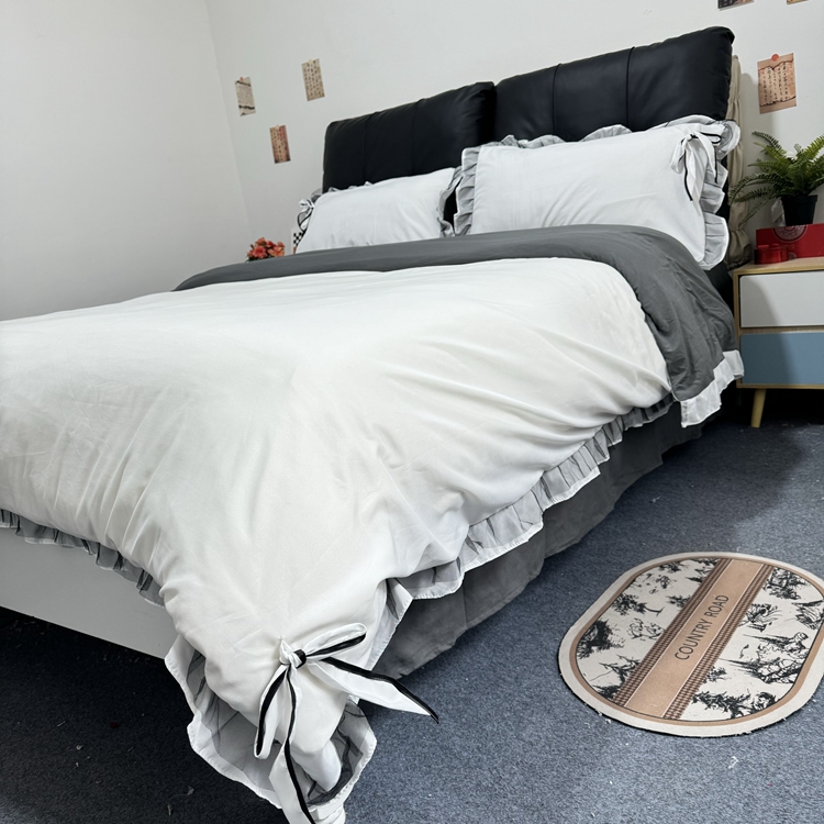 91家纺网 家纺一手货源 找家纺 春光里 2024新款蝴蝶结花边磨毛四件套 蝴蝶花边-米白