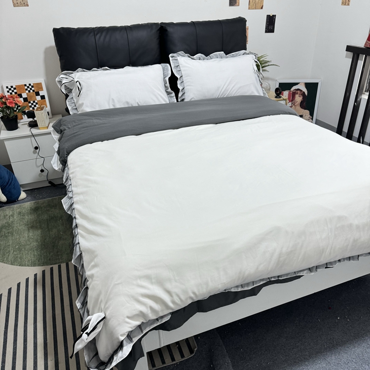 91家纺网 家纺一手货源 找家纺 春光里 2024新款蝴蝶结花边磨毛四件套 蝴蝶花边-米白