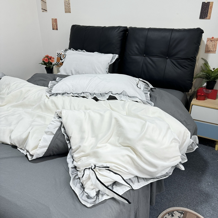 91家纺网 家纺一手货源 找家纺 春光里 2024新款蝴蝶结花边磨毛四件套 蝴蝶花边-米白