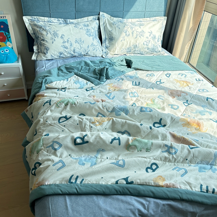 91家纺网 家纺一手货源 找家纺 星巴K家纺 2024新款小清新柔软泡泡棉夏凉被被子空调被夏被 字母恐龙