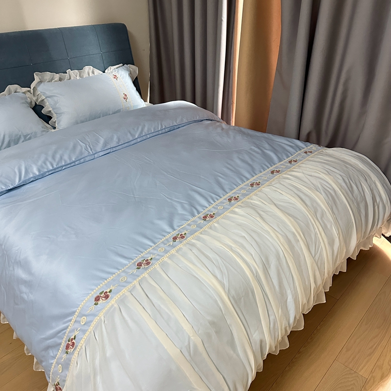 91家纺网 家纺一手货源 找家纺 花香四季家纺 2024新款水洗真丝刺绣花边公主风四件套--繁花系列 繁花-蓝色