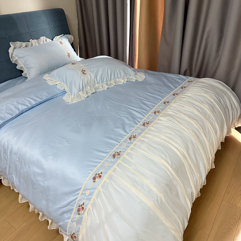 91家纺网 家纺一手货源 找家纺 花香四季家纺 2024新款水洗真丝刺绣花边公主风四件套--繁花系列 繁花-蓝色