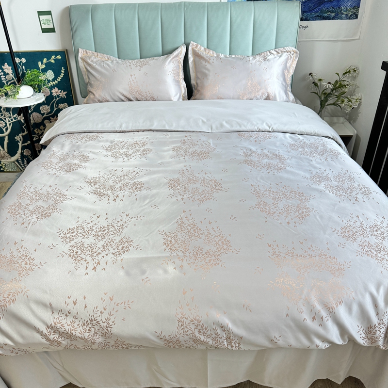 91家纺网 家纺一手货源 找家纺 潮邦创意家居 2025新款阳离子提花天丝棉四件套-金枝玉叶（可配礼盒） 月白灰