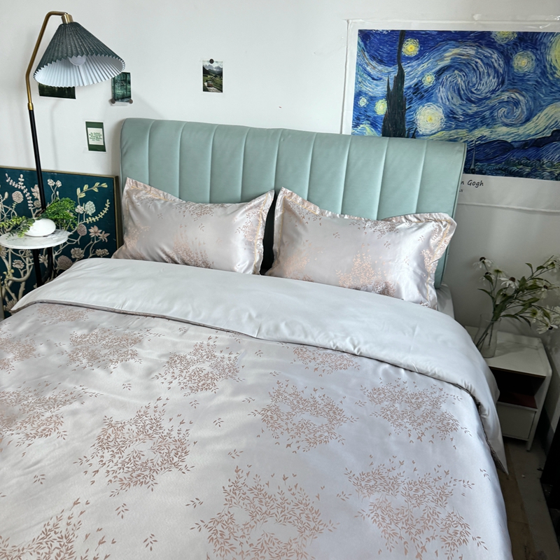 91家纺网 家纺一手货源 找家纺 潮邦创意家居 2025新款阳离子提花天丝棉四件套-金枝玉叶（可配礼盒） 月白灰