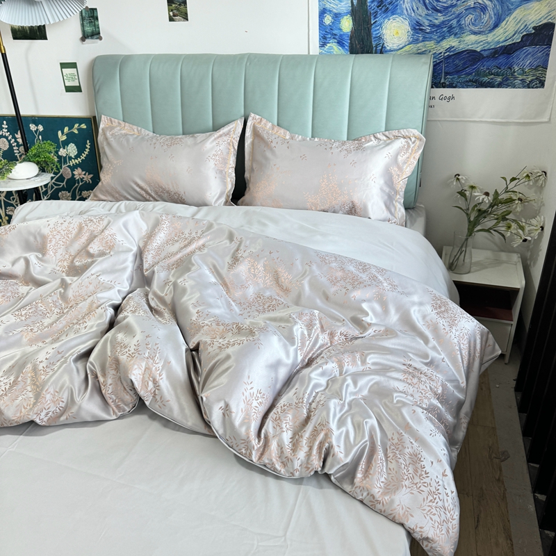 91家纺网 家纺一手货源 找家纺 潮邦创意家居 2025新款阳离子提花天丝棉四件套-金枝玉叶（可配礼盒） 月白灰