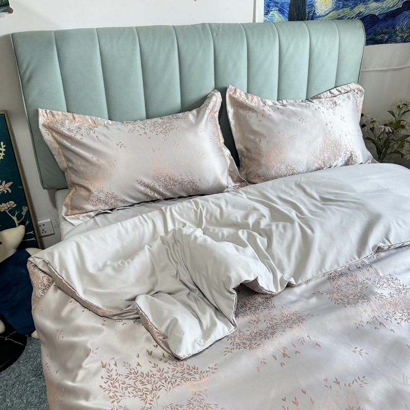 91家纺网 家纺一手货源 找家纺 潮邦创意家居 2025新款阳离子提花天丝棉四件套-金枝玉叶（可配礼盒） 月白灰