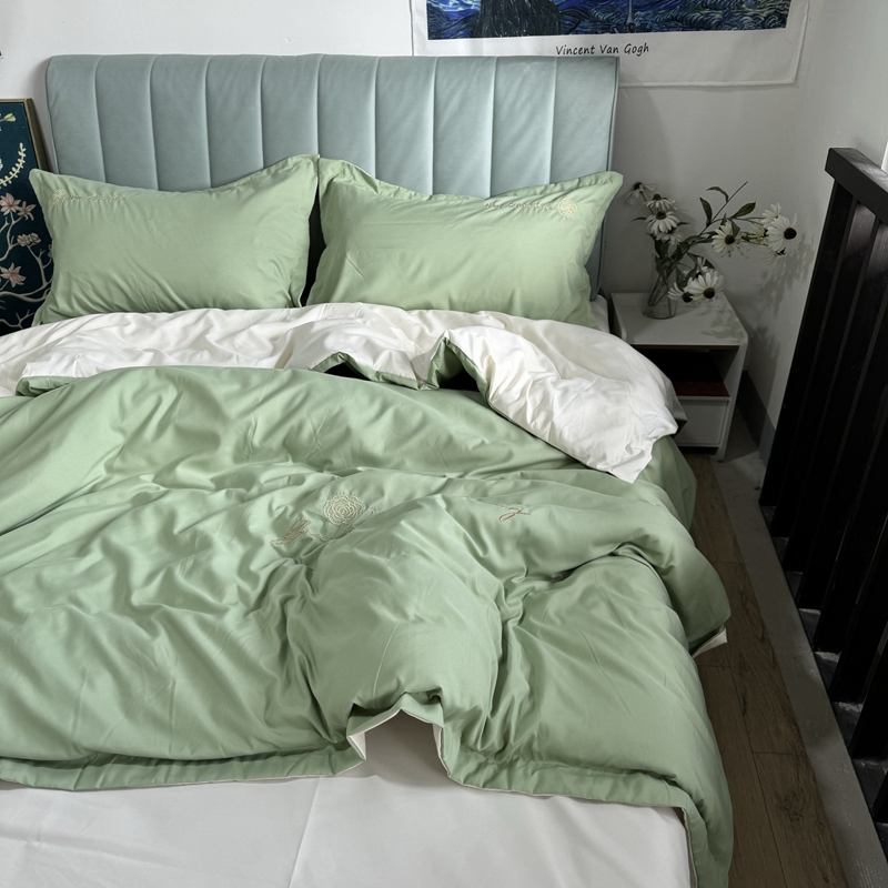 91家纺网 家纺一手货源 找家纺 N先生 2024新款轻奢风水洗磨毛刺绣四件套-如梦系列 如梦-绿