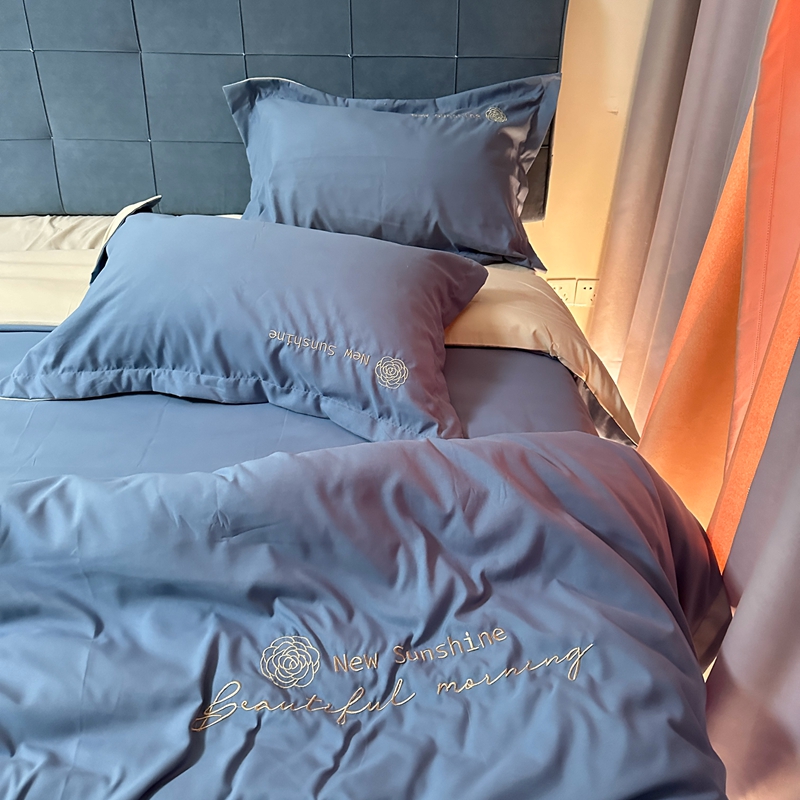 91家纺网 家纺一手货源 找家纺 N先生 2024新款轻奢风水洗磨毛刺绣四件套-如梦系列 如梦-蓝