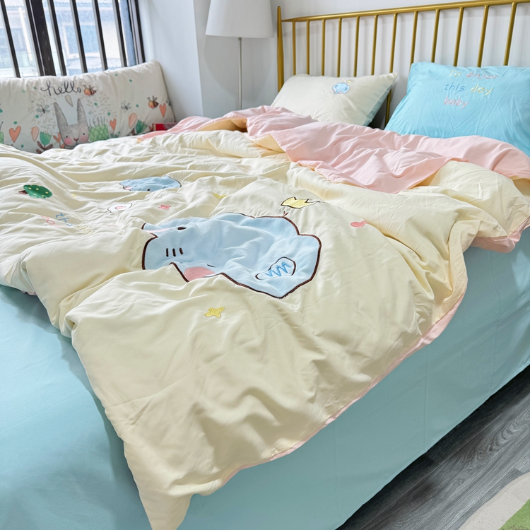 91家纺网 家纺一手货源 找家纺 我心家纺 2024新款水洗棉贴布绣四件套-小象 小象-米黄