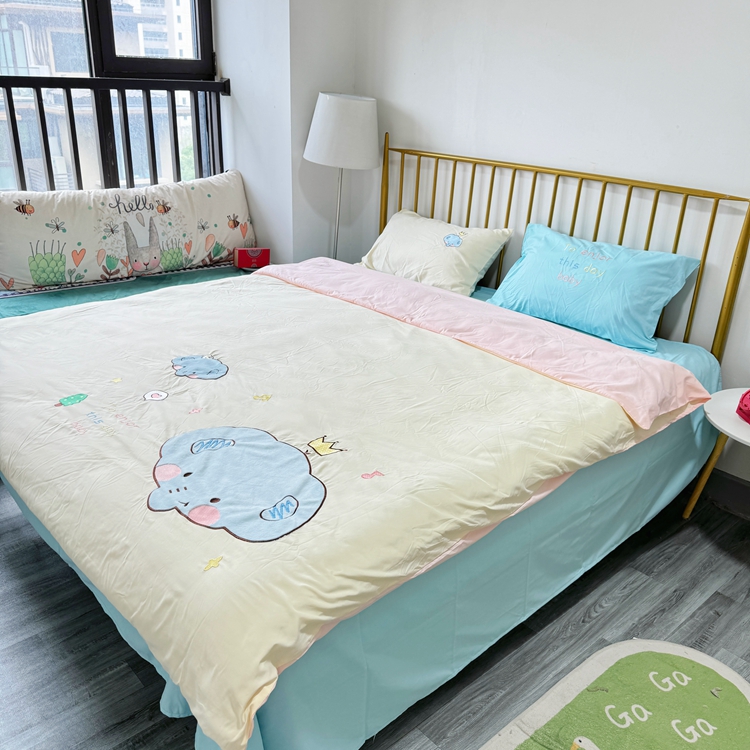 91家纺网 家纺一手货源 找家纺 我心家纺 2024新款水洗棉贴布绣四件套-小象 小象-米黄