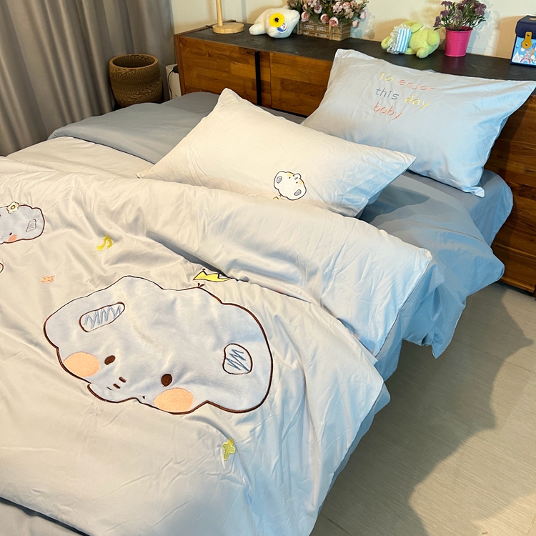 91家纺网 家纺一手货源 找家纺 我心家纺 2024新款水洗棉贴布绣四件套-小象 小象-蓝灰