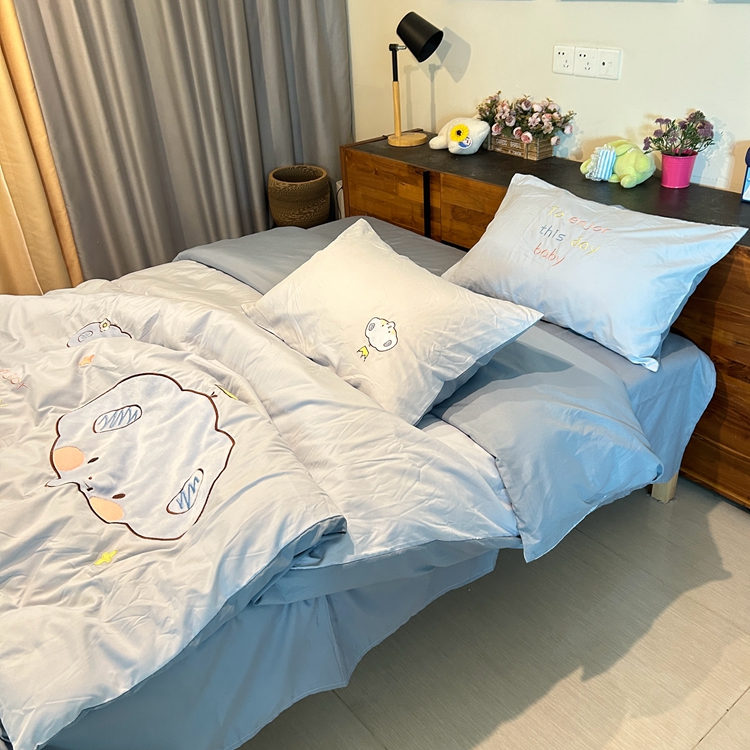 91家纺网 家纺一手货源 找家纺 我心家纺 2024新款水洗棉贴布绣四件套-小象 小象-蓝灰